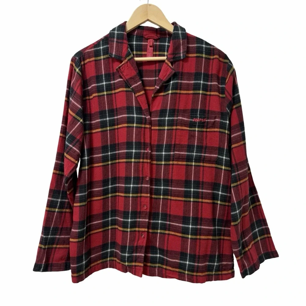 Skims Womens Plaid Flannel Sleep Pajamas Set Size L Red Cozy Comfy Loungewear